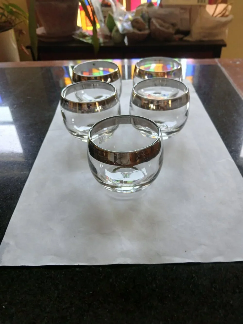 Vintage glass barware roly poly silver band MCM barware  flaws